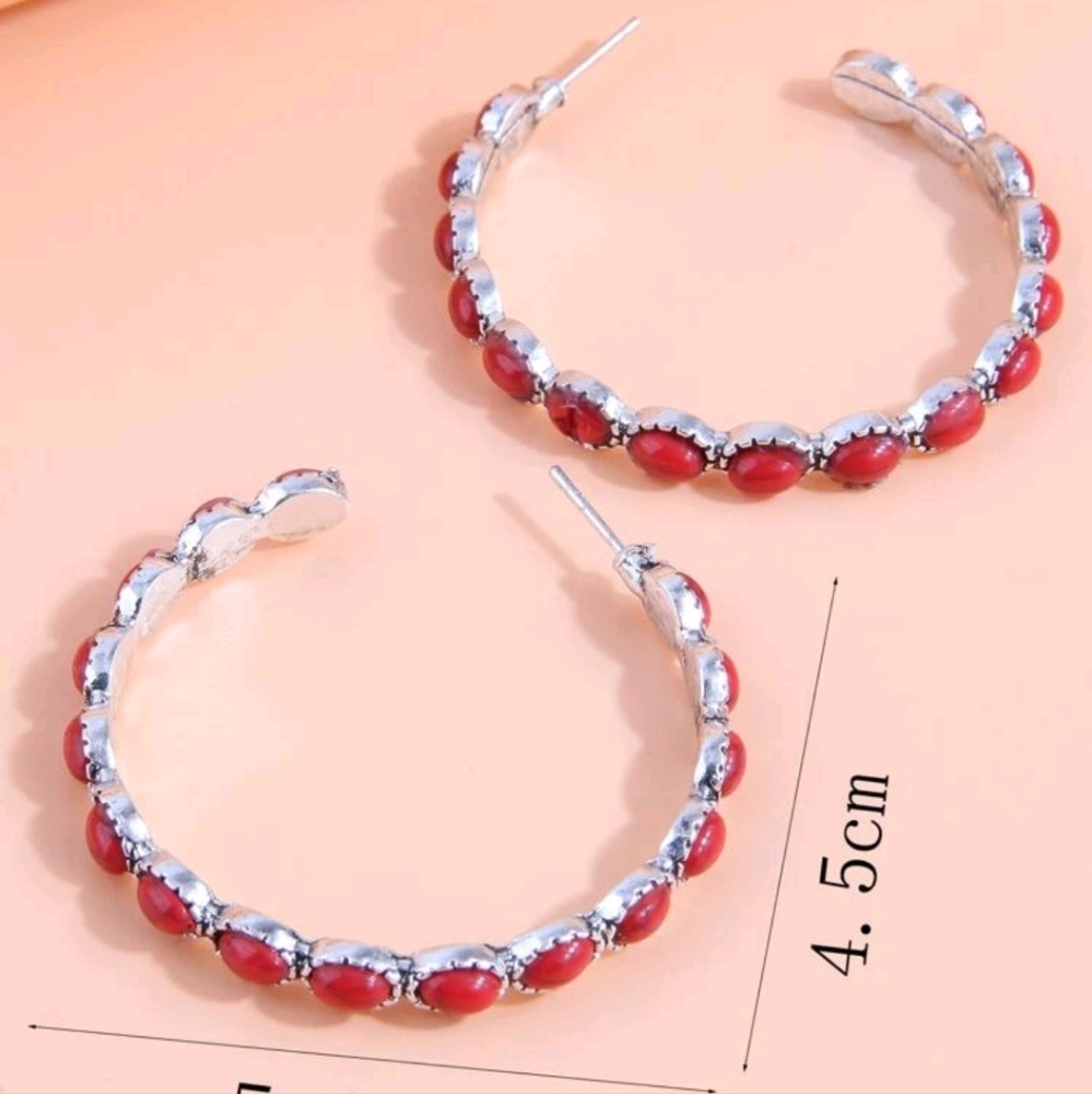 NEW Red Howlite Turquoise Stone Southwestern Boho Chic Elongated Hoop Earrings - Picture 7 of 7